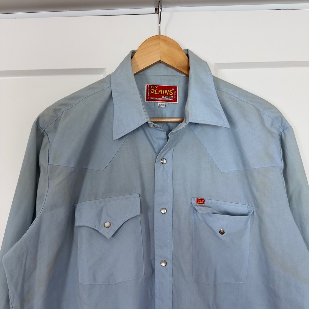 Mens Ely Plains Pearl Snap Shirt Blue Western Stained Workwear